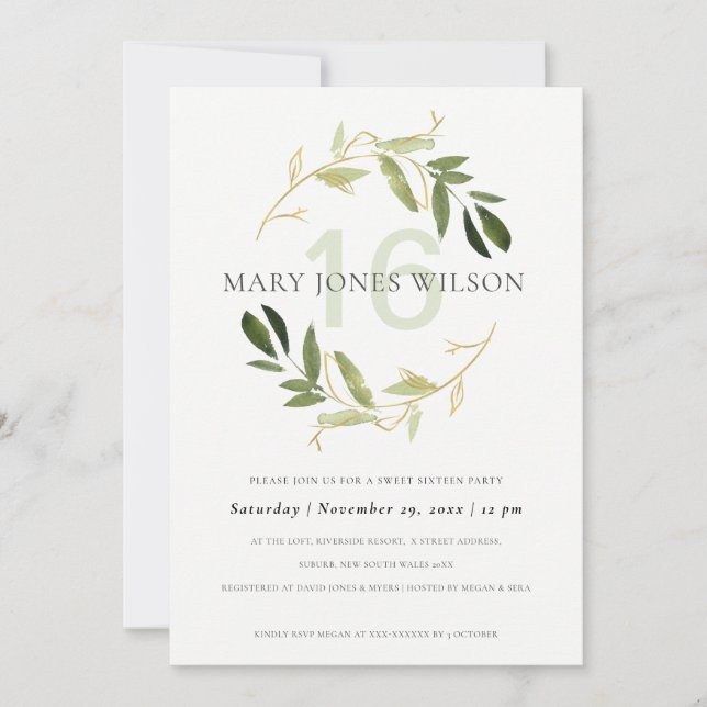 GRÖNT GULD FOLIAGE WREATH SWEET 16 BIRTHDAY CARD TACK KORT (Framsida)