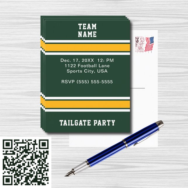 Grönt & Guld Fotbollslag Tailgate-fest Inbjudan Vykort (Green & Gold Football Team Tailgate Party Invitation Postcard)