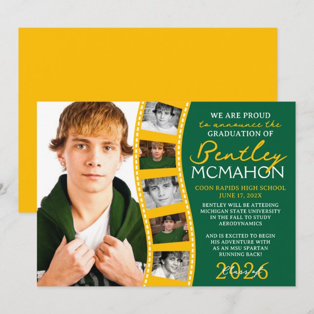 Grönt & Guld fotofilmremsa Grad-meddelande Inbjudningar (Fram/baksida)