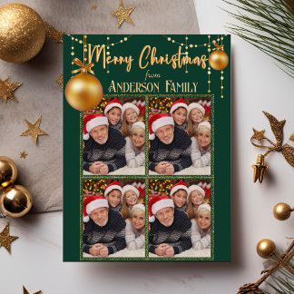 Grönt&Guld Fyra fotokollage Elegant jul Julkort