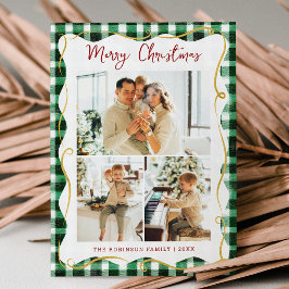 Grönt Guld Gingham Mönster God jul 3 Foto Julkort