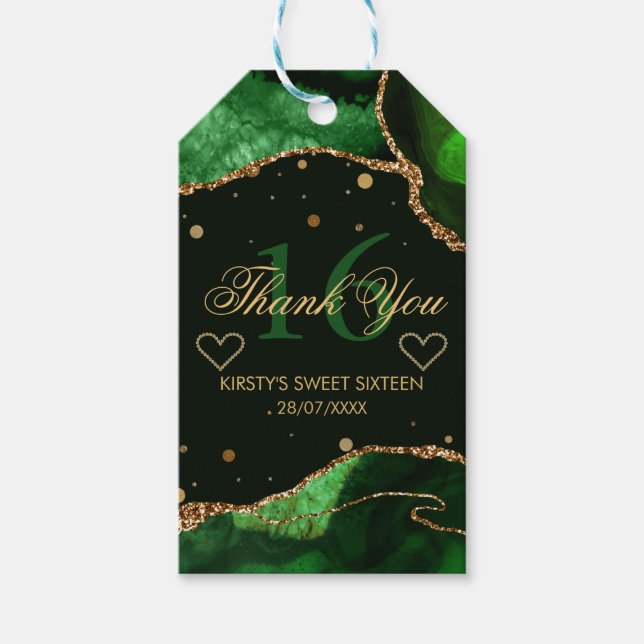 Grönt & Guld Glitter Agat Tack för Sweet 16 Presentetikett (Framsidan)