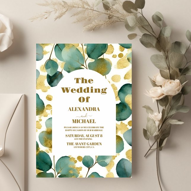Grönt Guld Glitter Eucalyptus Bröllop Inbjudningar (Skapare uppladdad)