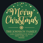 Grönt Guld Glitter God jul Adress Runt Klistermärke<br><div class="desc">Bilder av kalligrafi-skript med God jul-Helgdag som du kan lägga till i kuvert,  gratulationskort och/eller presenter i personlig. GRÖNTENS bakgrund (kan ändras till vilken färg som helst) färg med faux guld glitter konetti och snöflingor. Perfekt för alla helgdag tillfälle. Redigerbara malletiketter.</div>