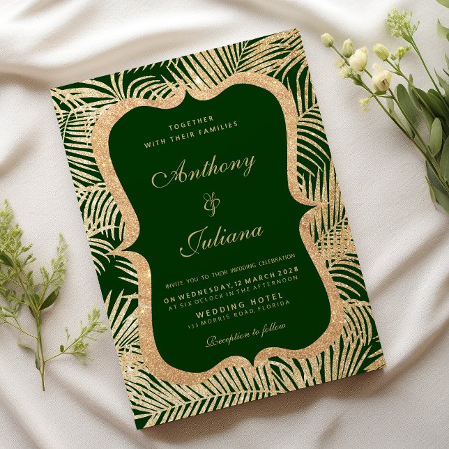 GRÖNT GULD GLITTER HANDFLATAN TRÄD BRÖLLOP i LÖV Inbjudningar (Forest green gold glitter palm tree leaf Wedding )