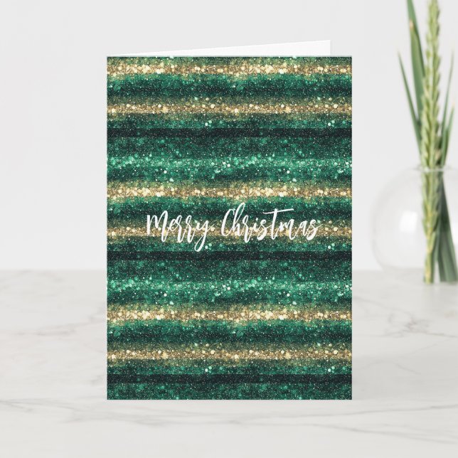Grönt Guld Glitter Jul Kort (Framsida)