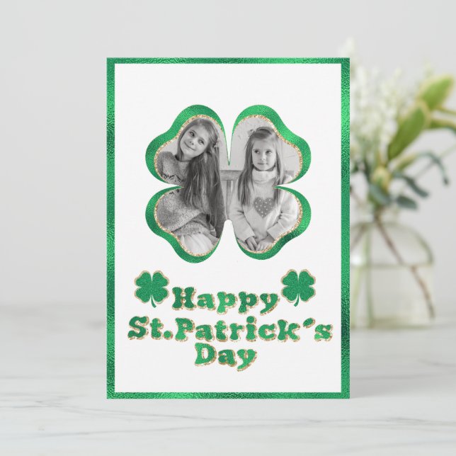 Grönt & Guld Glitter Klöver Foto St. Patricks Julkort (Stående Fram)