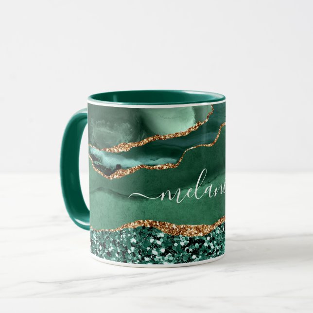 Grönt Guld Glitter Marble Mugg med eget namn (Framsida vänster)