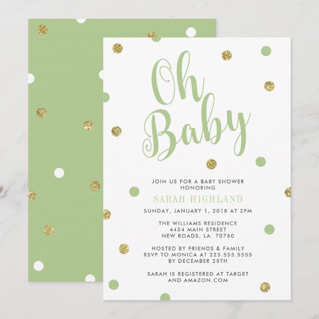 Grönt & guld- glitterOh baby shower Inbjudningar (Fram/baksida)