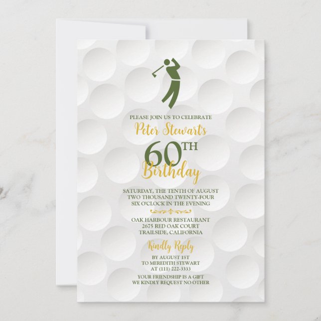 Grönt Guld Golfball Golfer Golf 60:e födelsedagen Inbjudningar (Framsida)