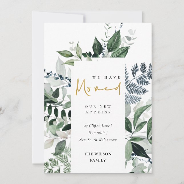 Grönt Guld Greenery Ram Vi har Flyttat kort (Framsida)