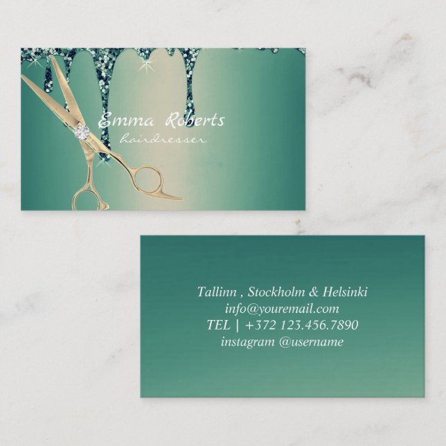 Grönt Guld Hairdresser Gradient Glitter Modern Visitkort (Fram/baksida)