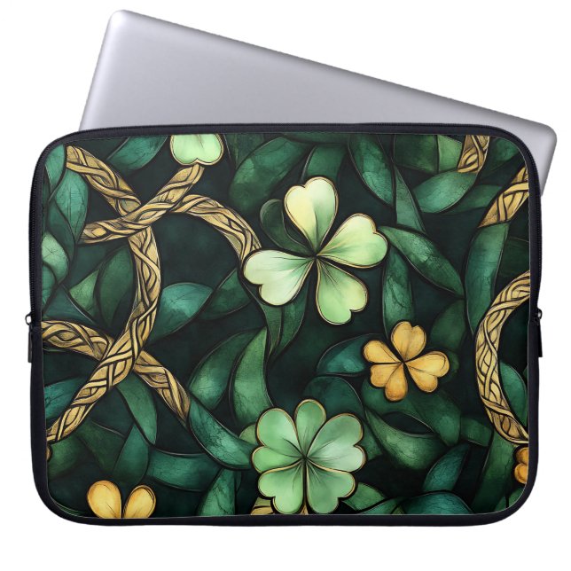 GRÖNT & GULD IRISH CELTIC KNOTS AND SHAMROCKS LAPTOP FODRAL (Framsidan)