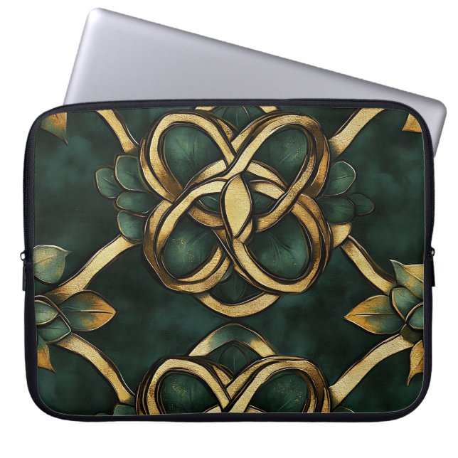 GRÖNT & GULD IRISH CELTIC KNOTS AND SHAMROCKS LAPTOP FODRAL (Framsidan)