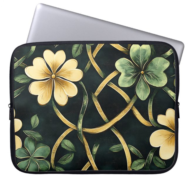GRÖNT & GULD IRISH CELTIC KNOTS AND SHAMROCKS LAPTOP FODRAL (Framsidan)
