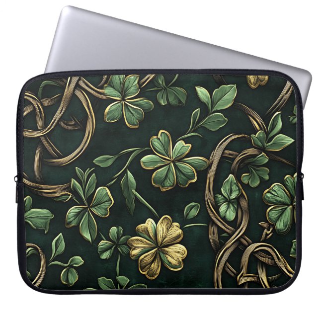 GRÖNT & GULD IRISH CELTIC KNOTS AND SHAMROCKS LAPTOP FODRAL (Framsidan)