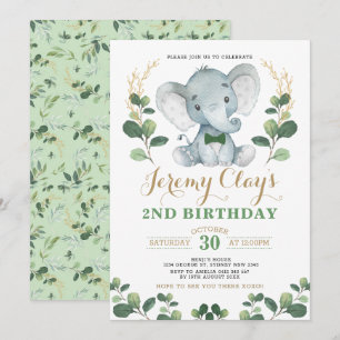 Grönt Guld Jungle Baby Elephant 2:a födelsedagen Inbjudningar