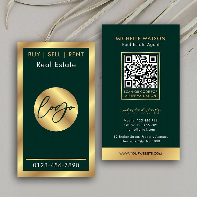 Grönt & Guld Logotyp Chic Notary Real Gods QR Code Visitkort (Emerald green and faux gold QR code business cards for realtors and sales agents)