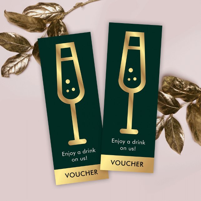 Grönt & Guld Logotyp Elegant Evenemangsfri dricksk Mini Visitkort (Green and gold free drink voucher tickets with space for your logo and brand details)