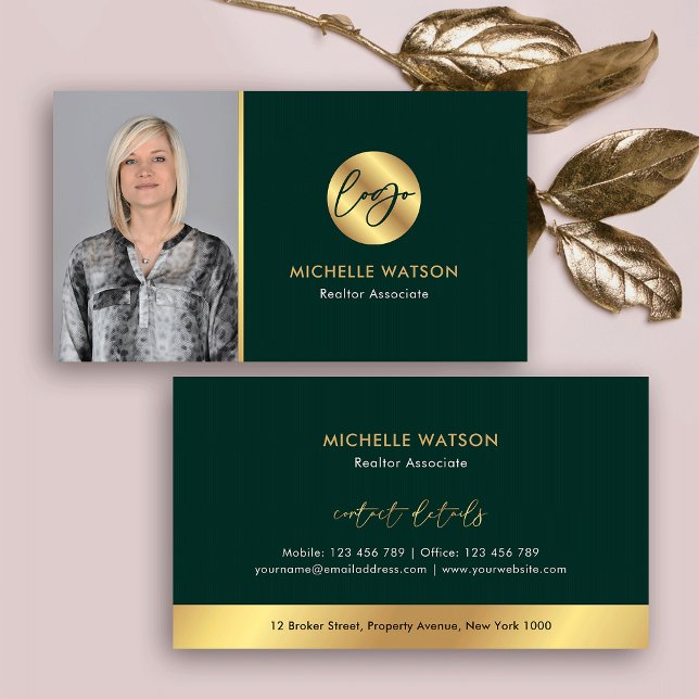 Grönt & Guld Logotyp Elegant Real Gods Notary Phot Visitkort (Elegant emerald green and gold effect business cards with photo and your logo)