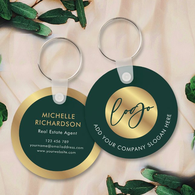 Grönt & Guld Logotyp Real Gods Business Promotive Nyckelring (Emerald greed and gold promotional branded business logo keyring with space for your contact info)