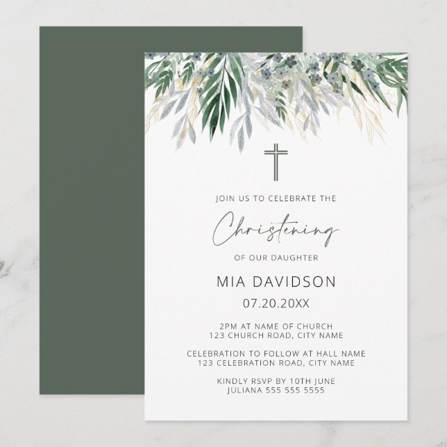 Grönt & Guld Löv Christening Inbjudningar (Fram/baksida)
