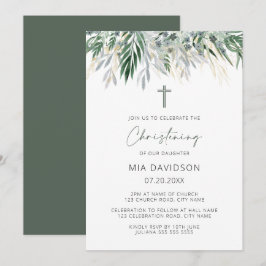 Grönt & Guld Löv Christening Inbjudningar