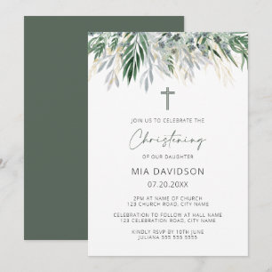 Grönt & Guld Löv Christening Inbjudningar