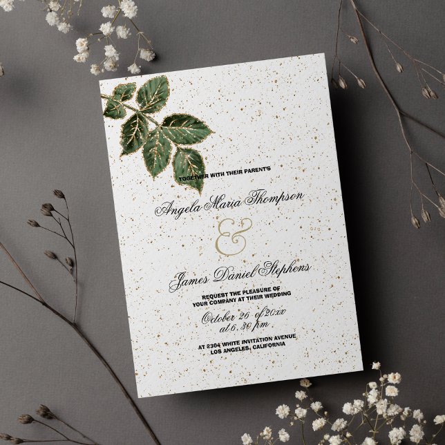 Grönt guld löv konetti bröllop inbjudningar (White green gold glitter leaf confetti wedding)