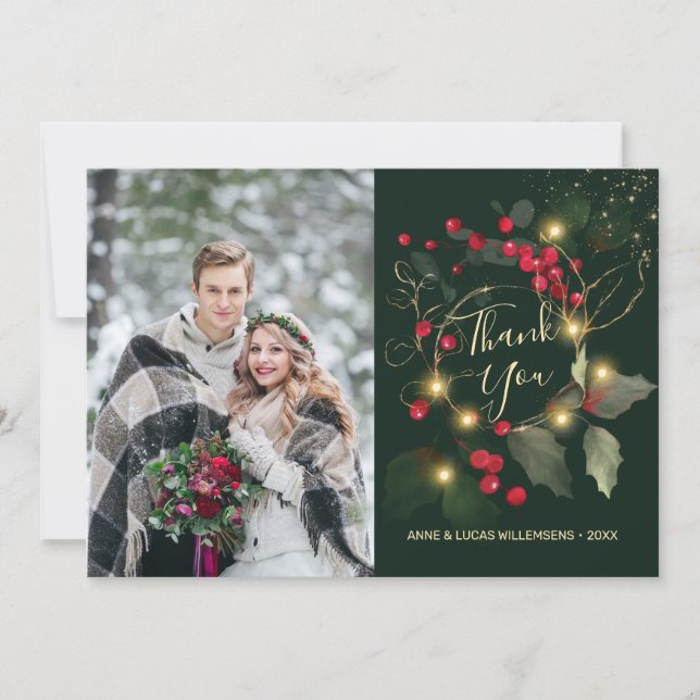 Grönt Guld Löv Red Berry Bröllop tackkort Tack Kort (Framsida)