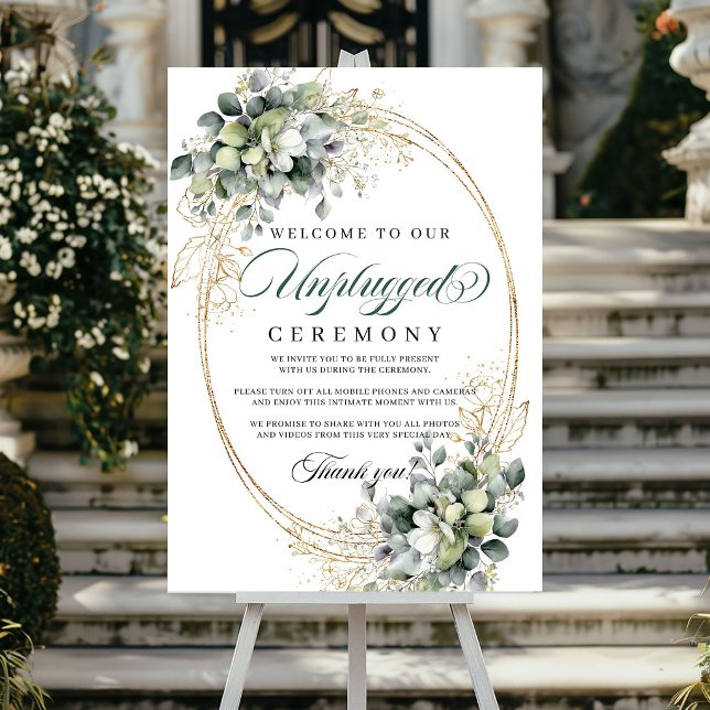 Grönt Guld Lövverk Avstängd Ceremoni Bröllopsskylt Poster (Green Gold Foliage Unplugged Ceremony Wedding Poster)