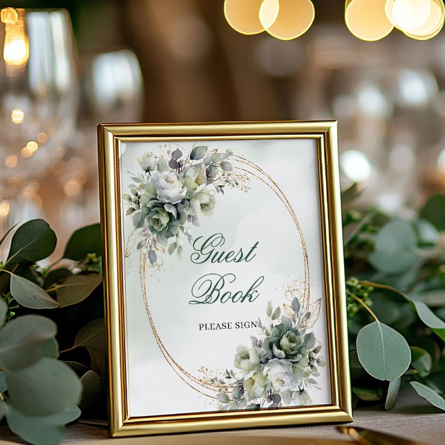 Grönt Guld Lövverk Gästbok Bordsskylt Poster (Green Gold Foliage Guest Book Tabletop Sign)