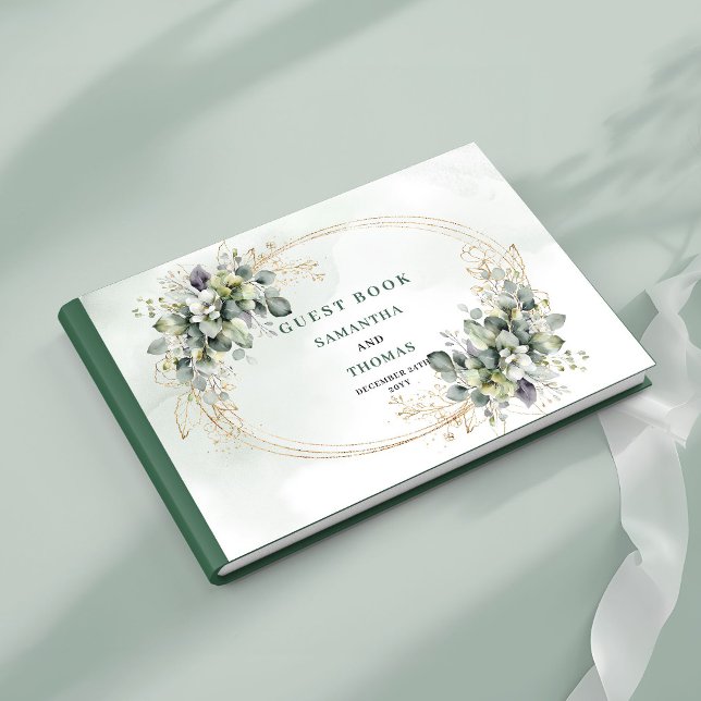 Grönt Guld Lövverk Vattenfärg Bröllopsgästbok Gästböcker (Green Gold Foliage Watercolor Wedding Guest Book)