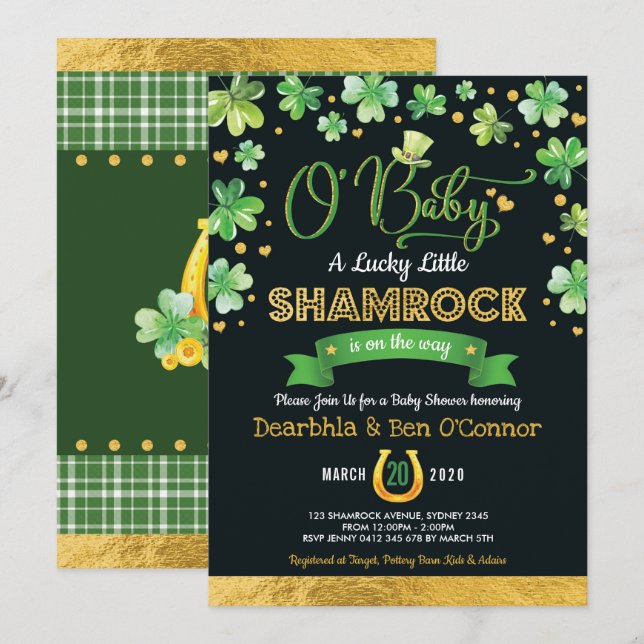 Grönt Guld Lucky Shamrock Baby Shower Chalkboard Inbjudningar (Fram/baksida)