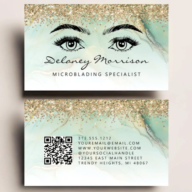 Grönt Guld Marmor Ögon QR-kod Microblading Visitkort (Skapare uppladdad)