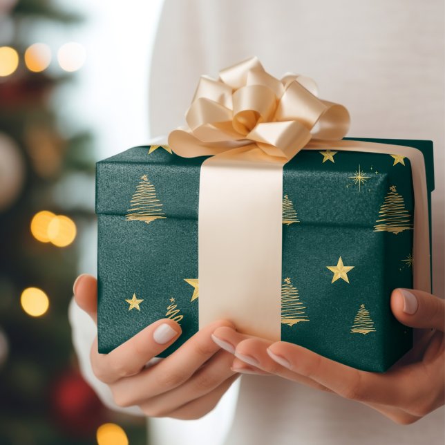 Grönt Guld Modern, enkelt geometriskt Julgran Presentpapper (Skapare uppladdad)