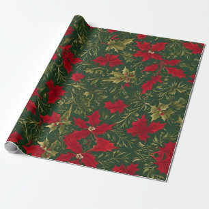 Grönt Guld och röd jul Holly Flower Presentpapper