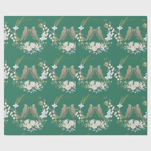 Grönt guld och vita fåglar rosor inslagspapper presentpapper (Seam)