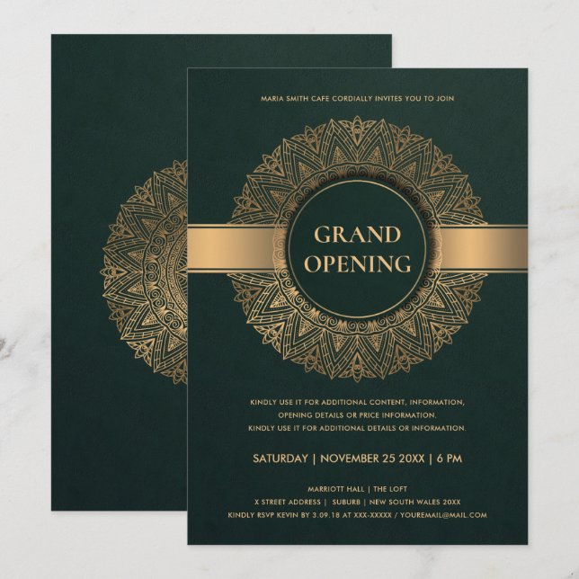 GRÖNT GULD ORNATE CLASSIC MANDALA GRAND OPENING INBJUDNINGAR (Fram/baksida)