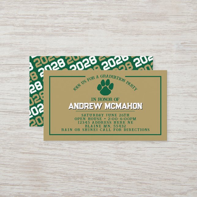 Grönt & Guld Pawprint Mini Studenten Inbjudan (Green & Bronze Gold Pawprint Mini Graduation Invites for Friends, Team Mates or as Inserts!)