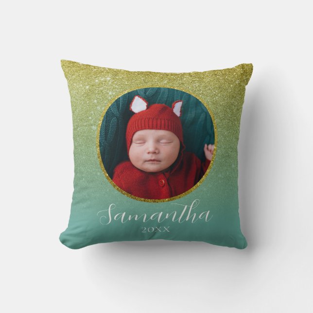 Grönt Guld Personlig  för julfoto i Glitter Kudde (Framsida)