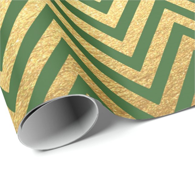 Grönt Guld Rand Herringbone Zig Zag Chevron Presentpapper (Rullad Hörn)