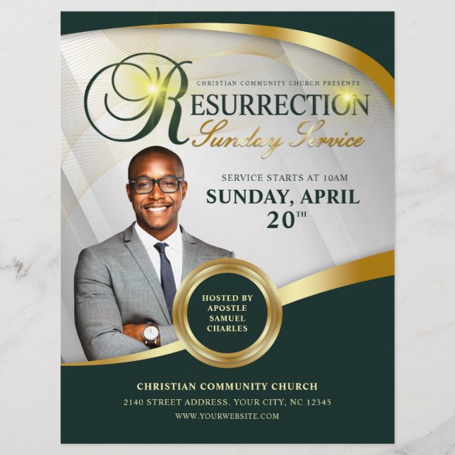 Grönt & Guld Resurrection Söndag Service Church Reklamblad (Framsidan)