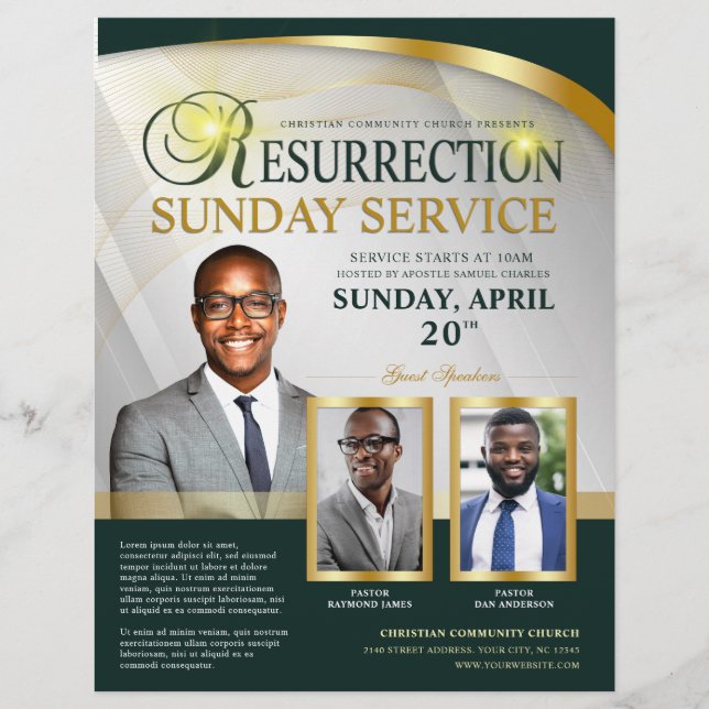 Grönt & Guld Resurrection Söndag Service Church Reklamblad (Framsidan)