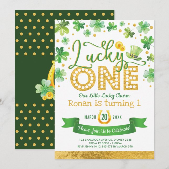 Grönt Guld Shamrock Lucky Ett första födelsedag Pa Inbjudningar (Fram/baksida)