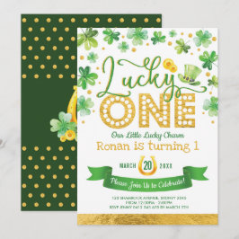 Grönt Guld Shamrock Lucky Ett första födelsedag Pa Inbjudningar