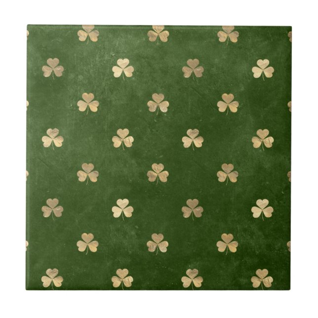 Grönt & Guld Shamrock Mönster Irish Ceramic Tiles Kakelplatta (Framsidan)