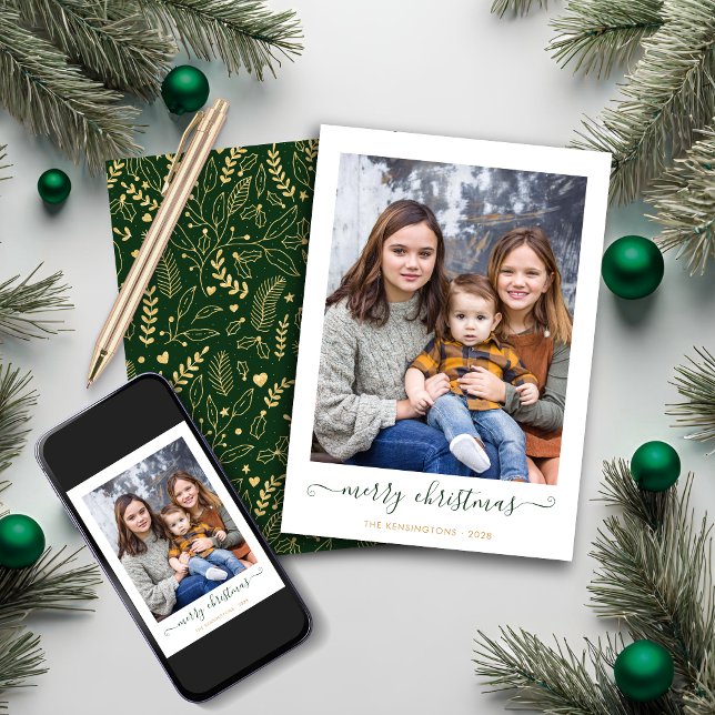 Grönt Guld Simple Script God jul Photo Julkort (Green Gold Simple Script Merry Christmas Photo Holiday Card)
