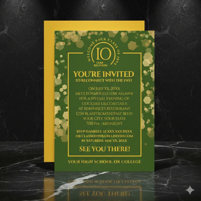 Grönt & Guld skolklass Reunion Inbjudningar (Elegant Green & Gold School Class Reunion Invitation Cover Photo)