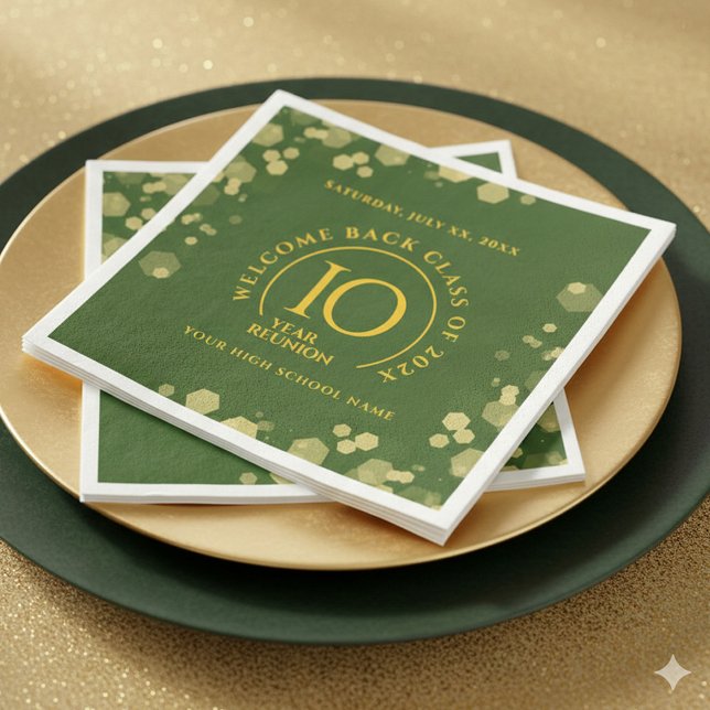 Grönt & Guld skolklass Reunion Pappersservett (Elegant 10-Year Class Reunion Napkins Green and Gold Glitter Cover Photo)